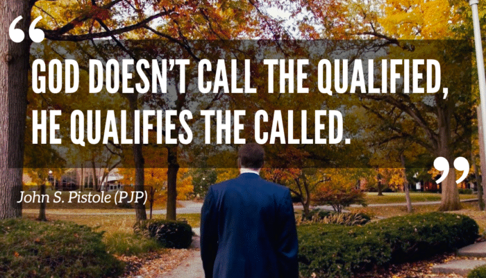 A still of John Pistole from behind standing in the Valley during Fall. A quote above him reads, "God Doesn't Call The Qualified. He Qualifies the Called."